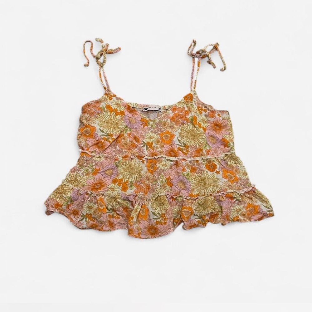 SO Floral Ruffle Tie-Shoulder Tank Top in Orange, Pink & Cream